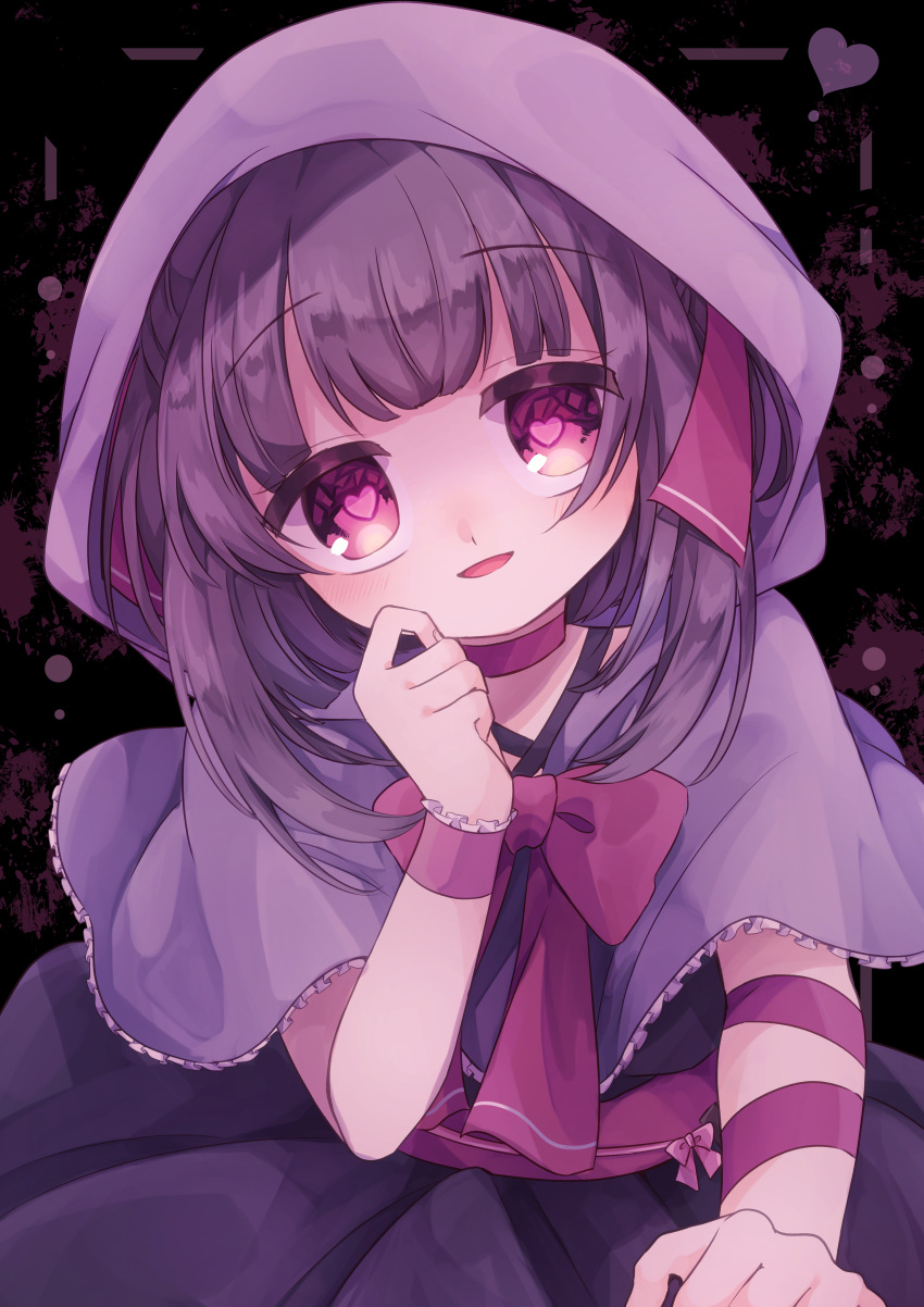 1girl, :d, absurdres, arm_up, bangs, black_background, black_dress, blush, bow, brown_hair, cape, capelet, choker, cloak, commission, commissioner_upload, criss-cross_halter, dress, eyebrows_visible_through_hair, fallenshadow, flat_chest, frills, grabbing, grey_cape, grey_capelet, hair_bow, halterneck, hand_on_own_cheek, hand_on_own_face, hand_up, heart, heart-shaped_pupils, highres, holding, hood, hood_up, indie_virtual_youtuber, looking_at_viewer, medium_hair, open_mouth, petite, pink_bow, pink_choker, pink_eyes, pink_ribbon, pixiv_request, pov, reaching_out, ribbon, ribbon_choker, shiro_nori00, short_dress, sidelocks, single_wristcuff, smile, solo, solo_focus, splatter, symbol-shaped_pupils, virtual_youtuber, waist_bow, wrist_cuffs, yandere