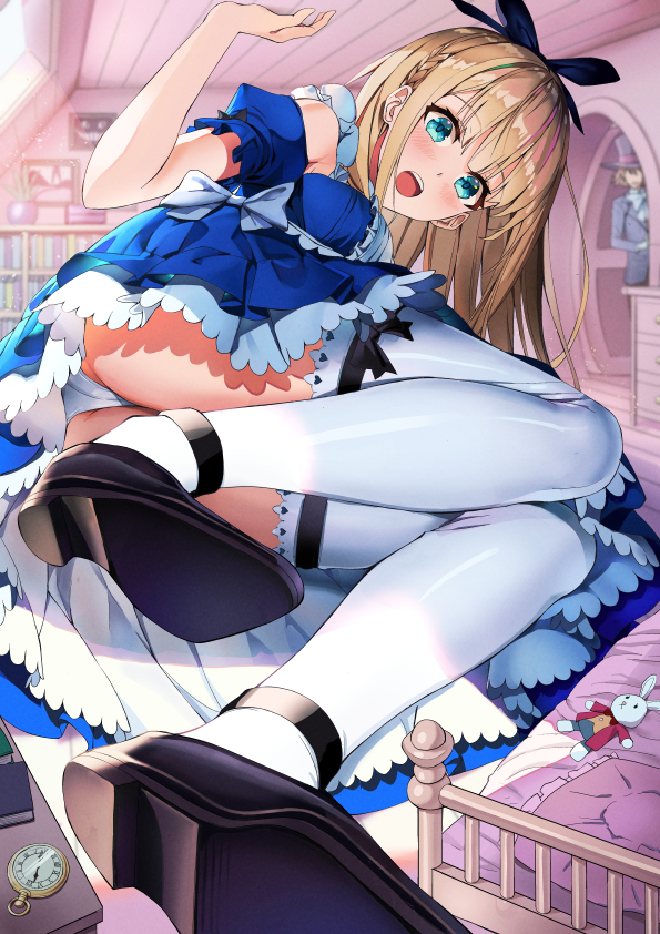 1girl, alice_(alice_in_wonderland), alice_in_wonderland, apple_(luffy123), bangs, bed, black_footwear, blonde_hair
