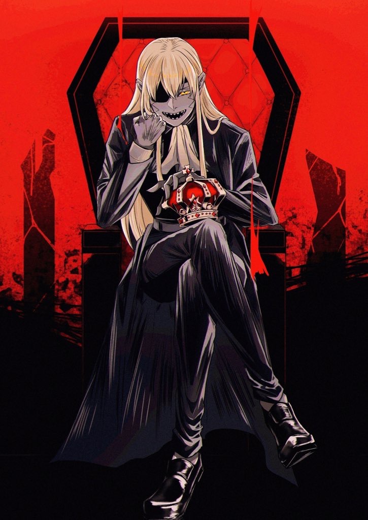 1boy, 947kyoukou, black_footwear, black_pants, blonde_hair, colored_skin, crossed_legs, eyepatch