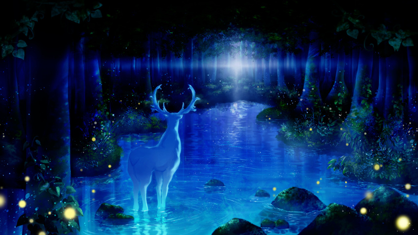 animal, animal_focus, antlers, bush, commentary, deer, facing_away, fireflies