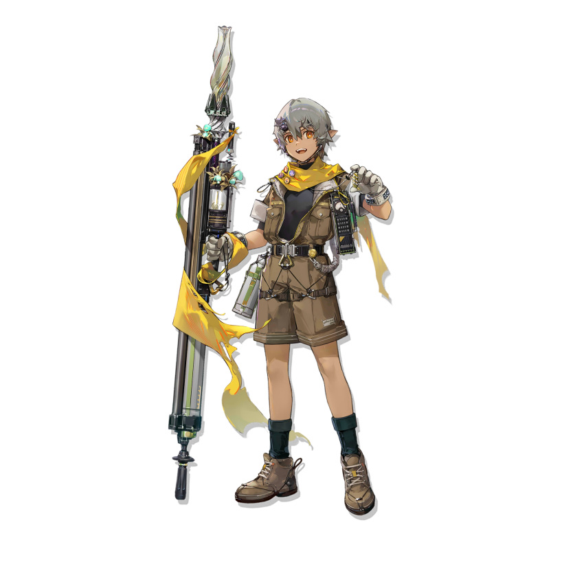 1boy, :d, arknights, bangs, black_footwear, black_shirt, boots, brown_footwear