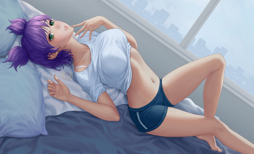 1girl, bangs, barefoot, bed_sheet, beskweet, blue_shirt, breasts, collarbone, curvy, everlasting_summer, fingernails, from_above, from_side, green_eyes, highres, indoors, large_breasts, legs, lips, looking_at_viewer, lying, medium_hair, navel, on_back, parted_lips, pillow, purple_hair, room, shirt, short_shorts, short_sleeves, short_twintails, shorts, solo, stomach, t-shirt, twintails, unyl-chan, white_shirt, window