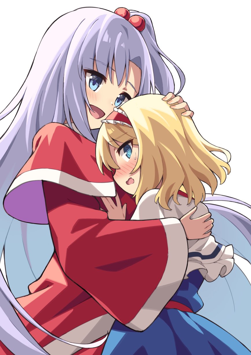2girls, @_@, alice_margatroid, blonde_hair, blue_dress, blue_eyes, blush, capelet