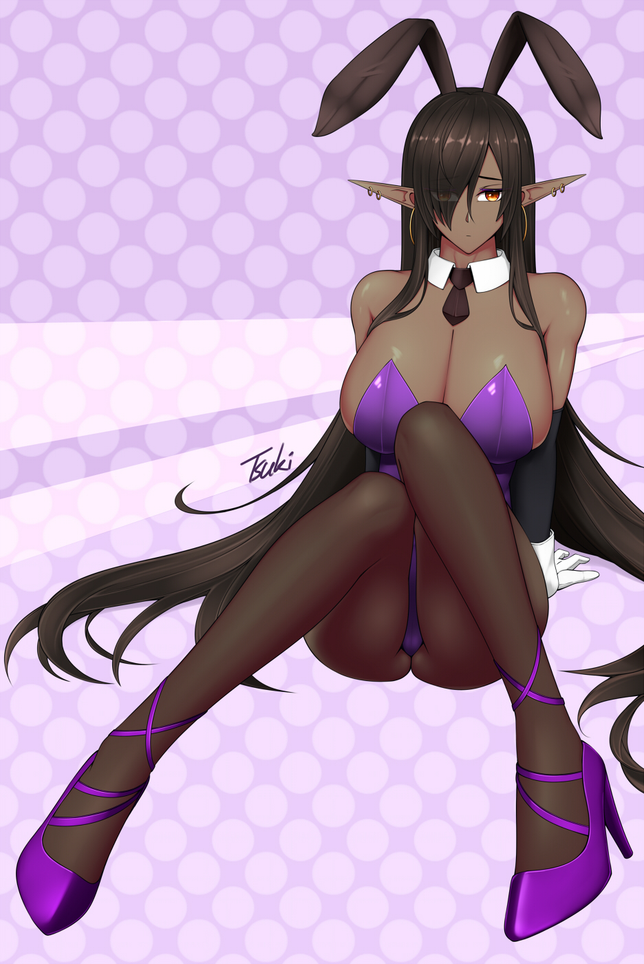 1girl, alternate_costume, animal_ears, artist_name, ass, black_hair, breasts, brown_legwear