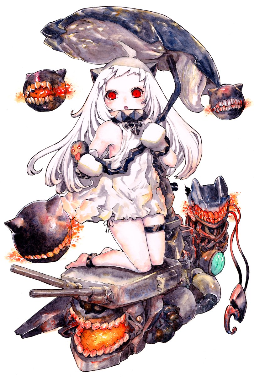 1girl, commentary_request, dress, full_body, highres, holding, holding_umbrella, horns