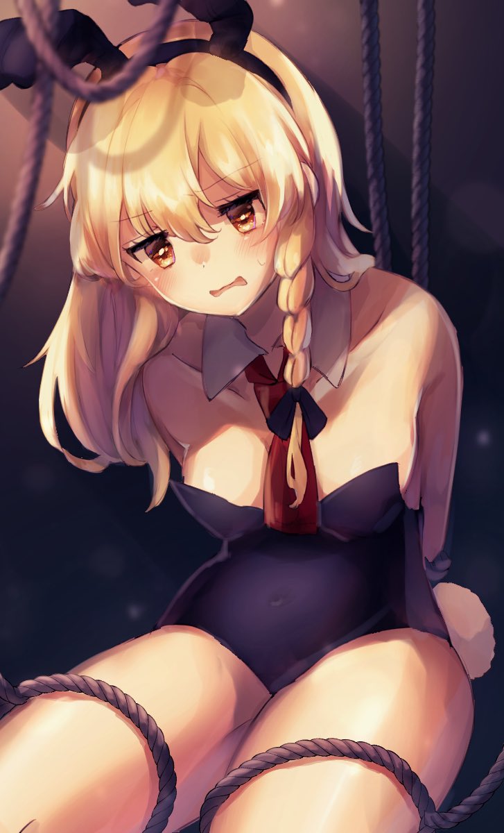 1girl, alternate_costume, animal_ears, arms_behind_back, asanagi_ron, bdsm, black_leotard, blonde_hair, bondage, bound, braid, breasts, commentary_request, detached_collar, fake_animal_ears, fake_tail, highres, kirisame_marisa, leotard, long_hair, medium_breasts, necktie, open_mouth, playboy_bunny, rabbit_ears, rabbit_tail, rope, shibari, side_braid, single_braid, strapless, strapless_leotard, tail, touhou, very_long_hair, yellow_eyes