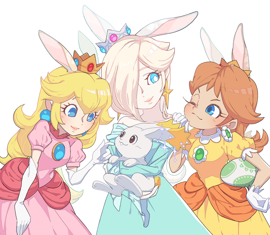 3girls, animal_ears, blonde_hair, blue_dress, blue_eyes, brown_hair, crown, dress, earrings, egg, hoshikuzu_pan, jewelry, multiple_girls, pink_dress, platinum_blonde_hair, princess_daisy, princess_peach, rabbit, rabbit_ears, rosalina, smile, super_mario_bros., super_mario_galaxy, yellow_dress
