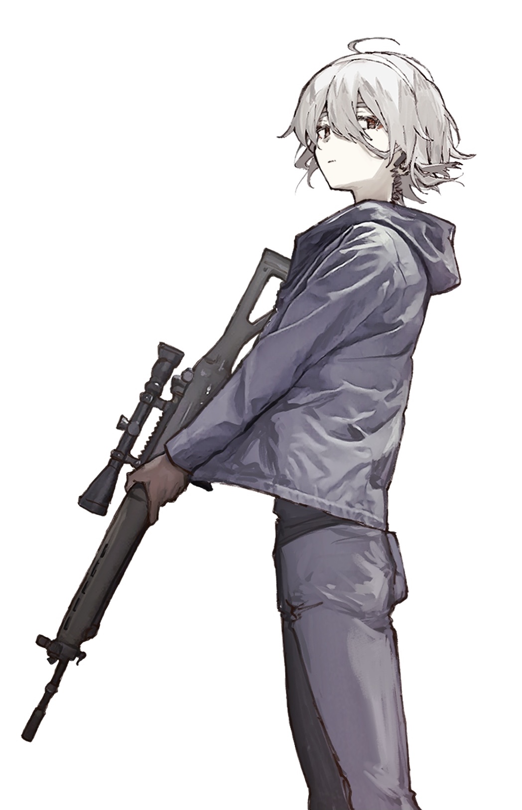 1girl, ahoge, assault_rifle, bangs, blue_jacket, blue_pants, brown_eyes, brown_gloves