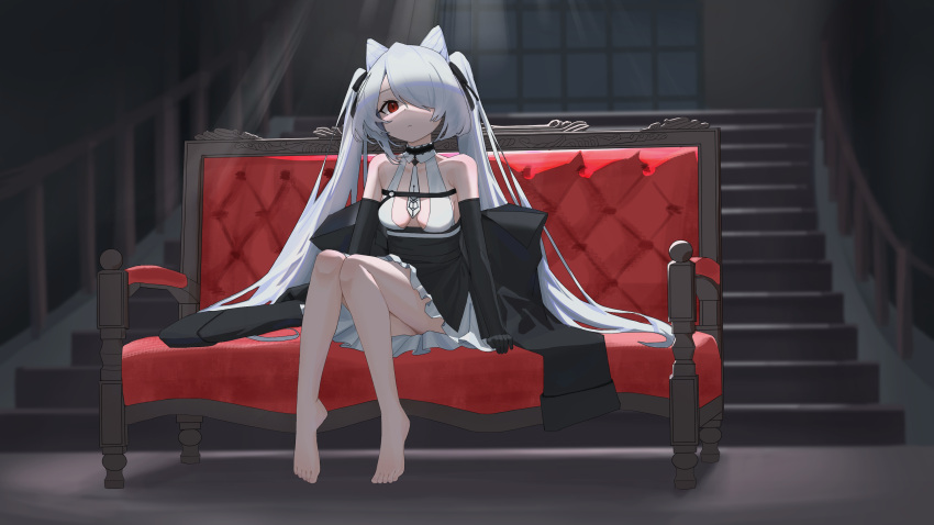 1girl, absurdres, azur_lane, barefoot, black_dress, breasts, couch, dress