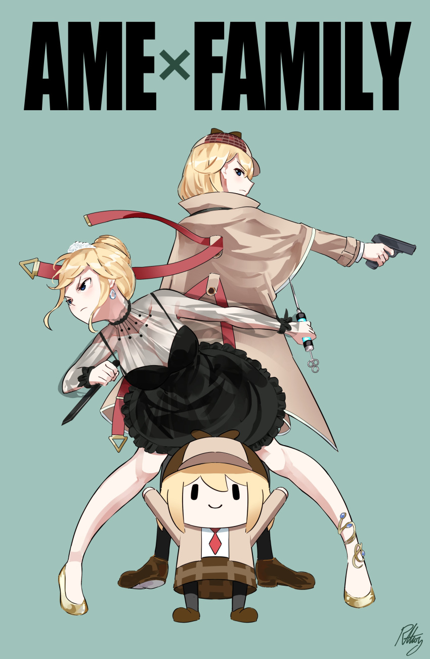 1girl, absurdres, bangs, blonde_hair, blue_background, blue_eyes, brown_footwear, commentary