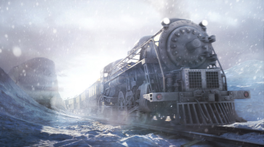 3d, clouds, cloudy_sky, day, glowing, ground_vehicle, locomotive, machinery, no_humans, original, outdoors, photorealistic, photoshop_(medium), railroad_tracks, realistic, sky, smoke, snow, snowing, steam_locomotive, sunlight, togman-studio, train, vehicle_focus, wheel