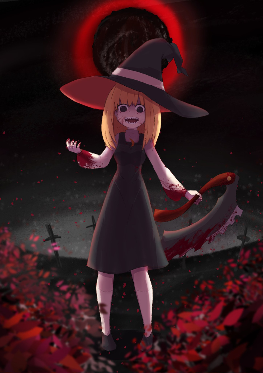 1girl, bangs, black_dress, black_eyes, black_footwear, black_headwear, blonde_hair, blood, blood_on_clothes, blood_on_face, blood_on_weapon, bloodborne, cookie_(touhou), dress, flower, full_body, gogogo_(cookie), hat, highres, holding, kirisame_marisa, long_hair, long_sleeves, looking_at_viewer, open_mouth, pinafore_dress, planted, planted_sword, red_flower, saw_cleaver, sharp_teeth, shirt, shoes, sleeveless, sleeveless_dress, socks, solo, standing, sword, teeth, touhou, weapon, white_legwear, white_shirt, witch_hat, zz_nekoneko