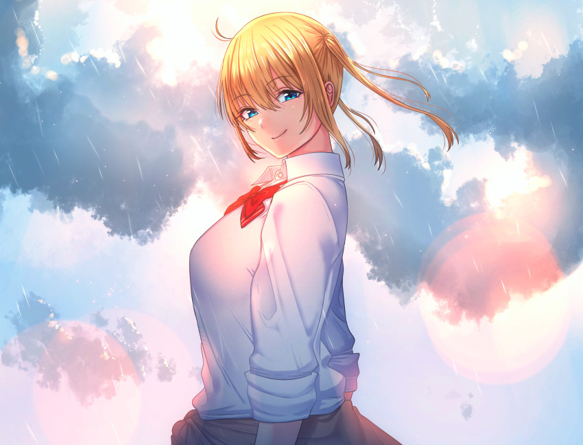 1girl, blonde_hair, blue_eyes, bouhatei_(t-back), bow, bowtie, closed_mouth, clothes_around_waist