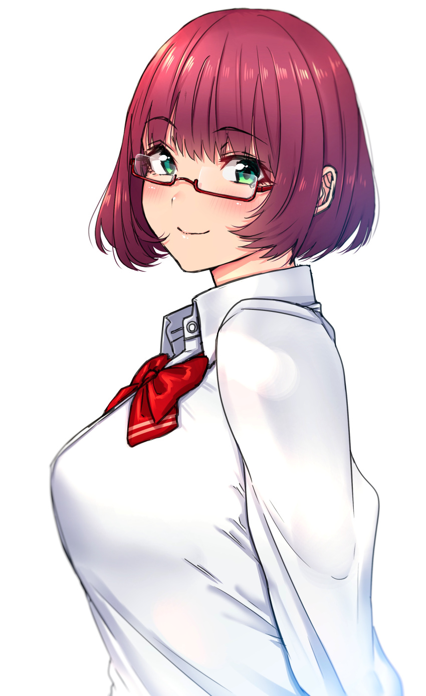 1girl, absurdres, amatani_mutsu, arms_behind_back, bob_cut, bouhatei_(t-back), bow, bowtie