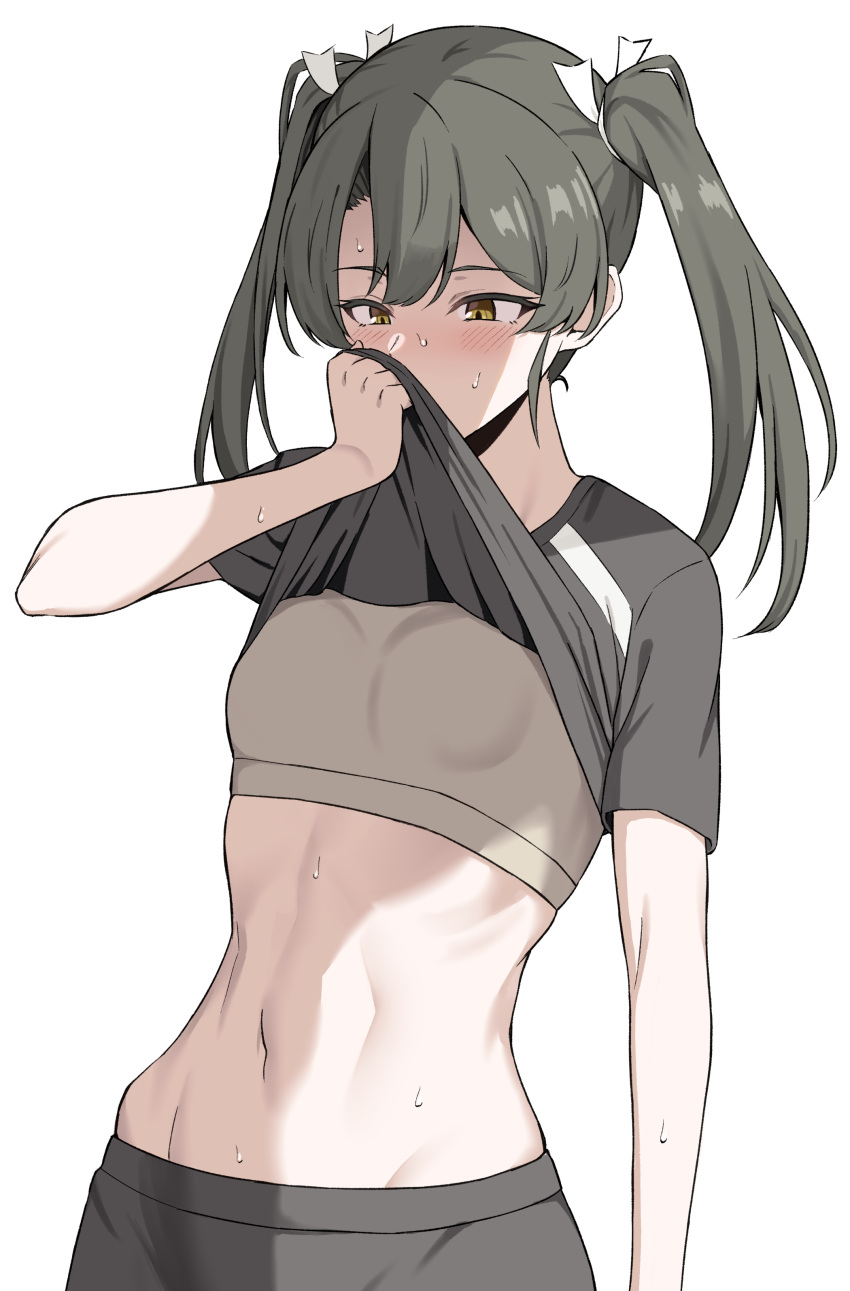 1girl, abs, absurdres, bangs, breasts, clothes_lift, cowboy_shot, dark_green_hair