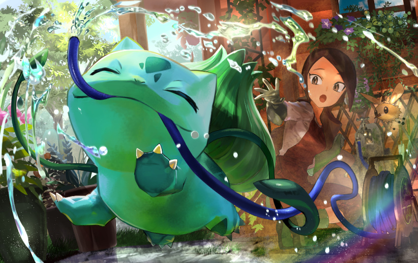 1girl, :o, aroma_lady_(pokemon), brown_eyes, brown_hair, bulbasaur, claws, closed_eyes, closed_mouth, commentary_request, cutiefly, day, eyelashes, faucet, flower, gloves, green_gloves, hose, leaf, long_hair, matsumoto_akira, mouth_hold, open_mouth, pokemon, pokemon_(creature), pokemon_(game), pokemon_dppt, purple_flower, sky, smile, tongue, water, water_drop