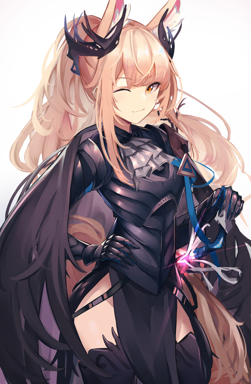 1girl, ;), absurdres, animal_ear_fluff, animal_ears, arknights, armor, armored_dress
