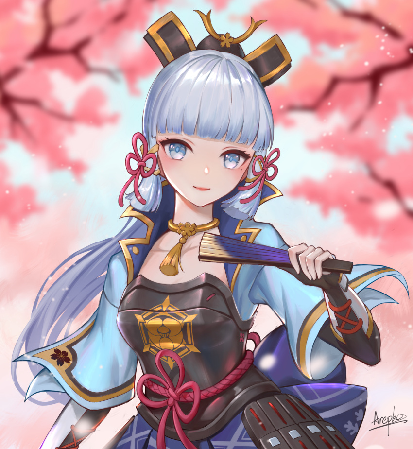 1girl, arepko, armor, bangs, black_gloves, blue_dress, blue_eyes, blue_hair