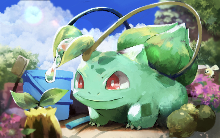 blurry, bright_pupils, bucket, bulbasaur, claws, closed_mouth, commentary_request, cutiefly, day, hose, no_humans, outdoors, plant, pokemon, pokemon_(creature), red_eyes, sky, smile, sunkern, vines, water, white_pupils, zokune