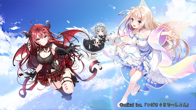 3girls, ayamo_nono, black_footwear, black_legwear, blonde_hair, blush, braid, copyright, demon, demon_girl, demon_wings, eyebrows_visible_through_hair, fairy, hair_ornament, hairband, horns, key_visual, long_hair, looking_at_viewer, mako_lisa, maronie., multiple_girls, official_art, open_clothes, promotional_art, re:act, redhead, skirt, smile, usuwa_suu, violet_eyes, virtual_youtuber, white_hairband, white_wings, wings