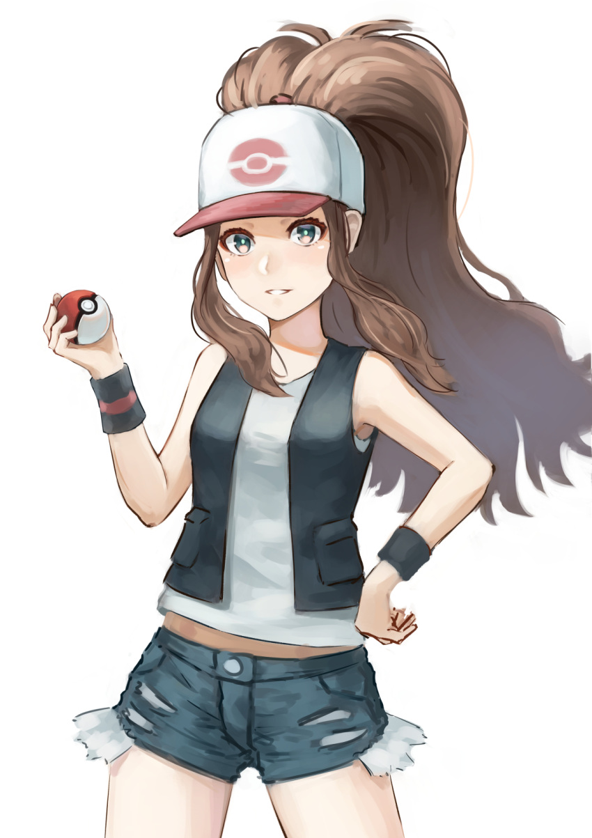 1girl, alkham, baseball_cap, black_vest, blue_shorts, brown_hair, hand_on_hip, hat, highres, hilda_(pokemon), holding, holding_poke_ball, looking_at_viewer, parted_lips, poke_ball, poke_ball_(basic), pokemon, pokemon_(game), pokemon_bw, ponytail, shirt, short_shorts, shorts, sidelocks, sleeveless, sleeveless_shirt, smile, solo, vest, violet_eyes, white_headwear, white_shirt, wristband