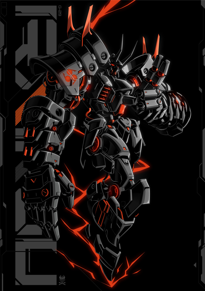 absurdres, black_background, floating, highres, horns, looking_ahead, mecha, monochrome