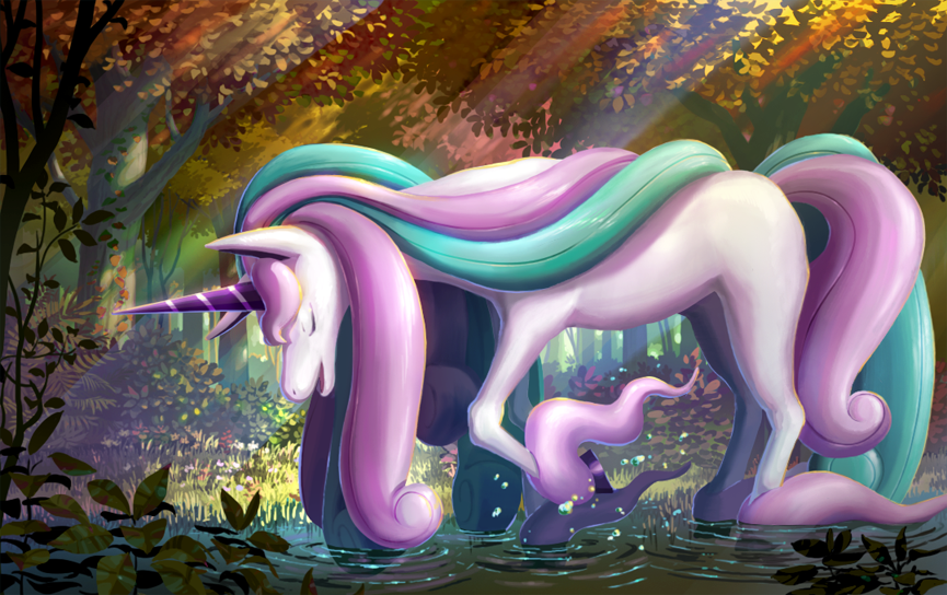 aqua_hair, closed_mouth, commentary_request, forest, galarian_rapidash, illustration_room_nagi, light_rays, multicolored_hair, nature, no_humans, open_mouth, outdoors, pink_hair, pokemon, pokemon_(creature), ripples, solo, standing, tree, unicorn, wading, water
