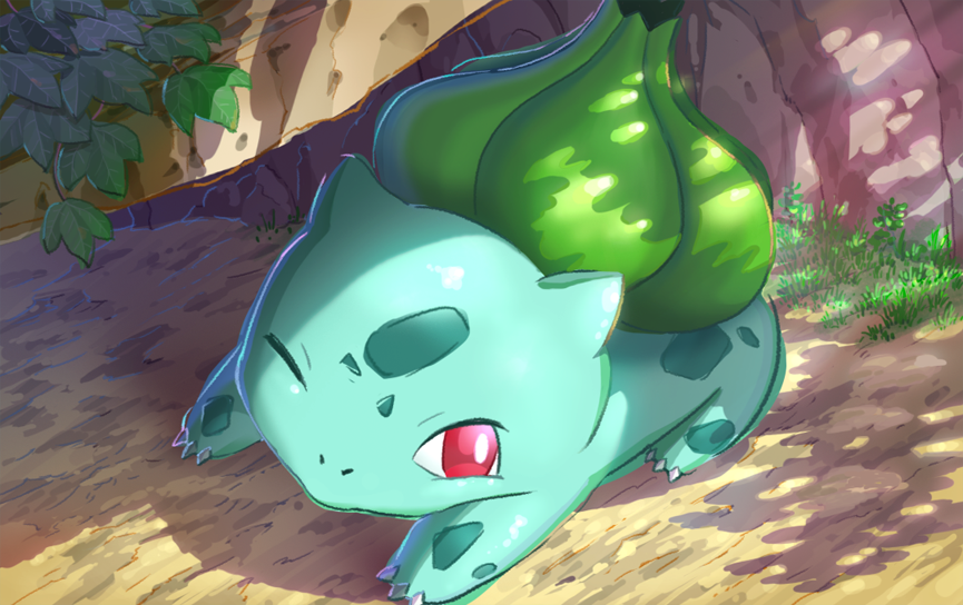animal_focus, bright_pupils, bulbasaur, claws, commentary_request, from_above, illustration_room_nagi, no_humans, one_eye_closed, pokemon, pokemon_(creature), red_eyes, shadow, solo, white_pupils