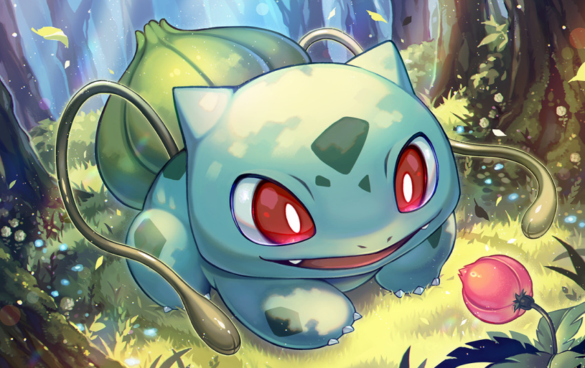 :d, bright_pupils, bulbasaur, claws, commentary_request, day, ekusiun, fangs, forest, grass, happy, nature, no_humans, open_mouth, outdoors, plant, pokemon, pokemon_(creature), red_eyes, smile, solo, tongue, tree, vines, white_pupils