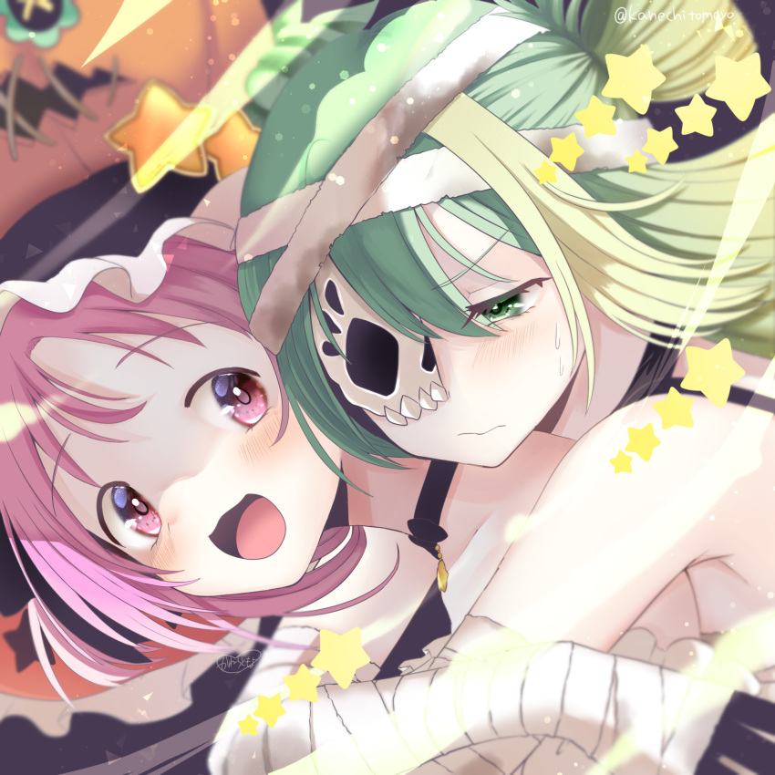 2girls, :3, alina_gray, blush, eyepatch, green_eyes, green_hair, hat