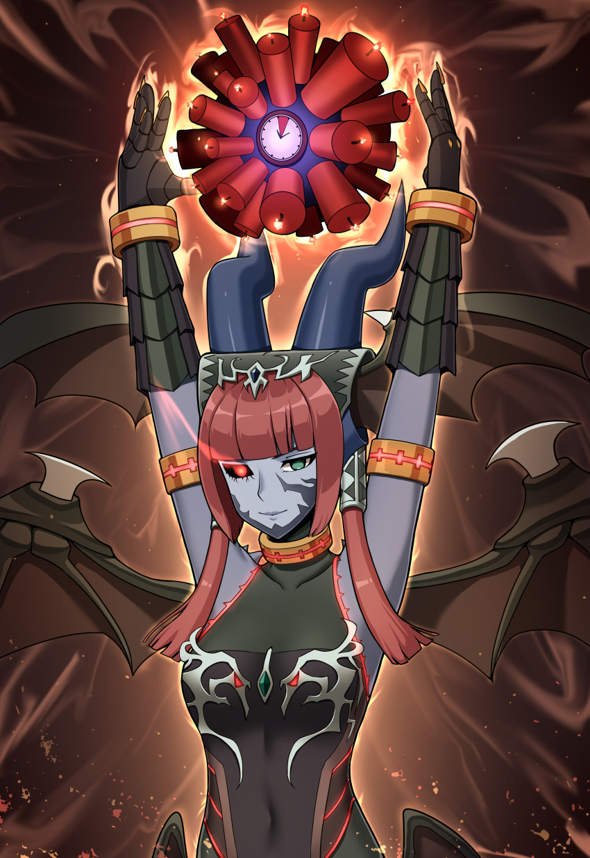 1girl, absurdres, armor, armored_leotard, armpits, arms_up, bangs, bare_shoulders, black_leotard, blunt_bangs, bracer, breasts, brown_background, brown_hair, closed_mouth, colored_skin, commentary, covered_collarbone, covered_navel, d.d._dynamite, demon_girl, demon_horns, demon_wings, duel_monster, dynamite, gauntlets, glowing, glowing_eye, green_hair, grey_skin, heterochromia, highres, horns, leotard, lilith_lady_of_lament, looking_at_viewer, macatatera, medium_breasts, medium_hair, redhead, sidelocks, smile, solo, upper_body, wings, yu-gi-oh!