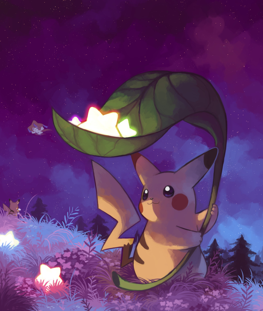 a5tros, flying, glowing, grass, highres, holding, holding_leaf, jirachi, leaf, night, night_sky, no_humans, outdoors, oversized_object, pikachu, pokemon, pokemon_(creature), sky, star_(sky), star_(symbol), starry_sky, tree