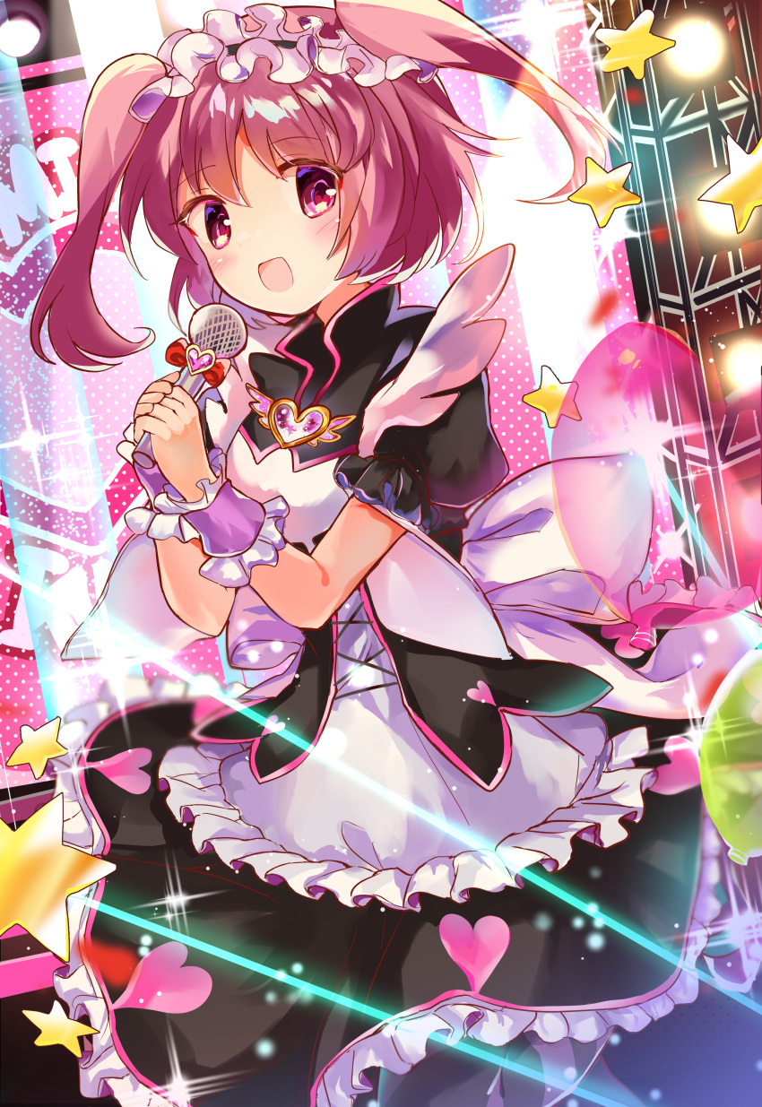 1girl, absurdres, blush, dress, heart, highres, holding, holding_microphone