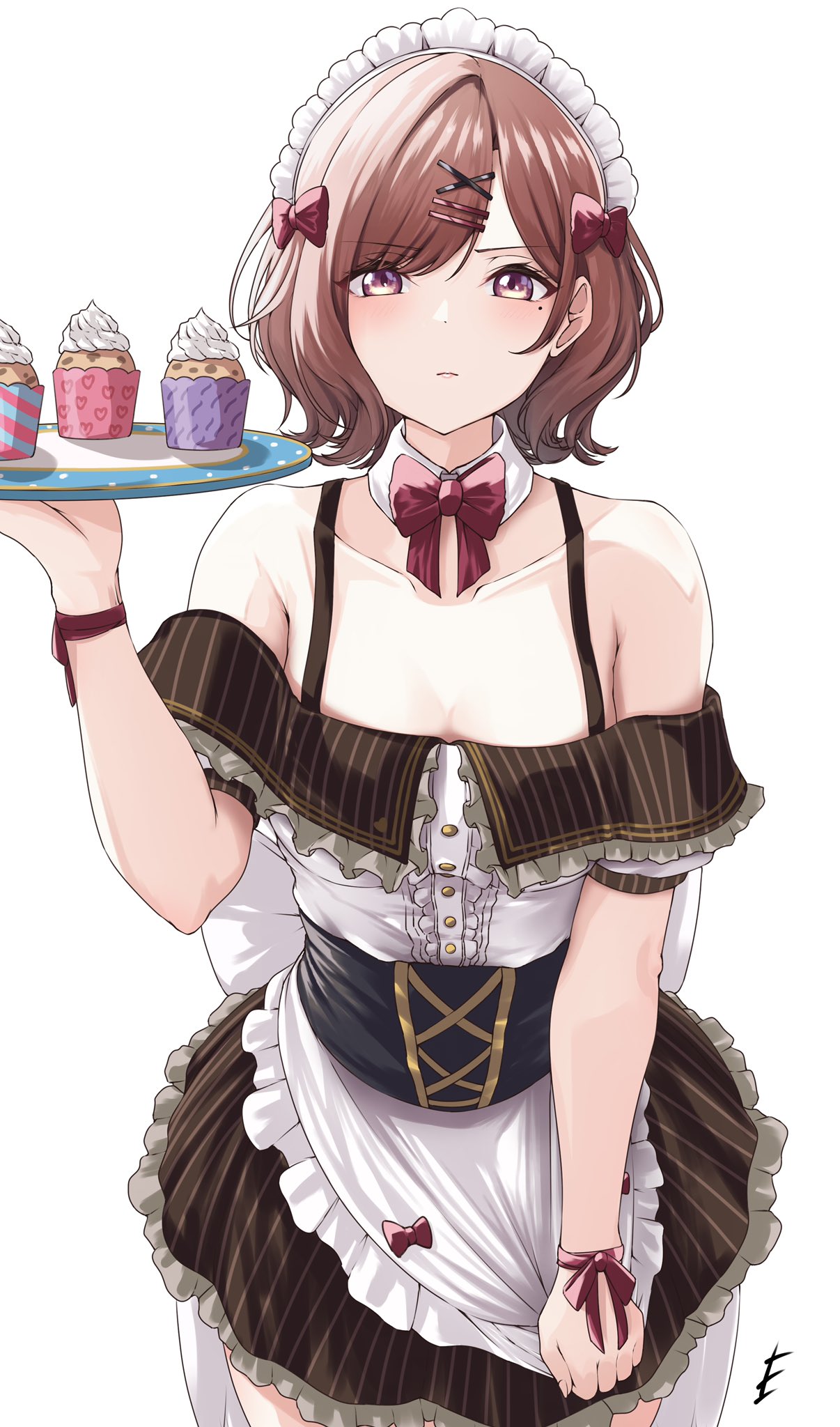 1girl, alternate_costume, apron, apron_tug, armpit_crease, blush, bow, bowtie