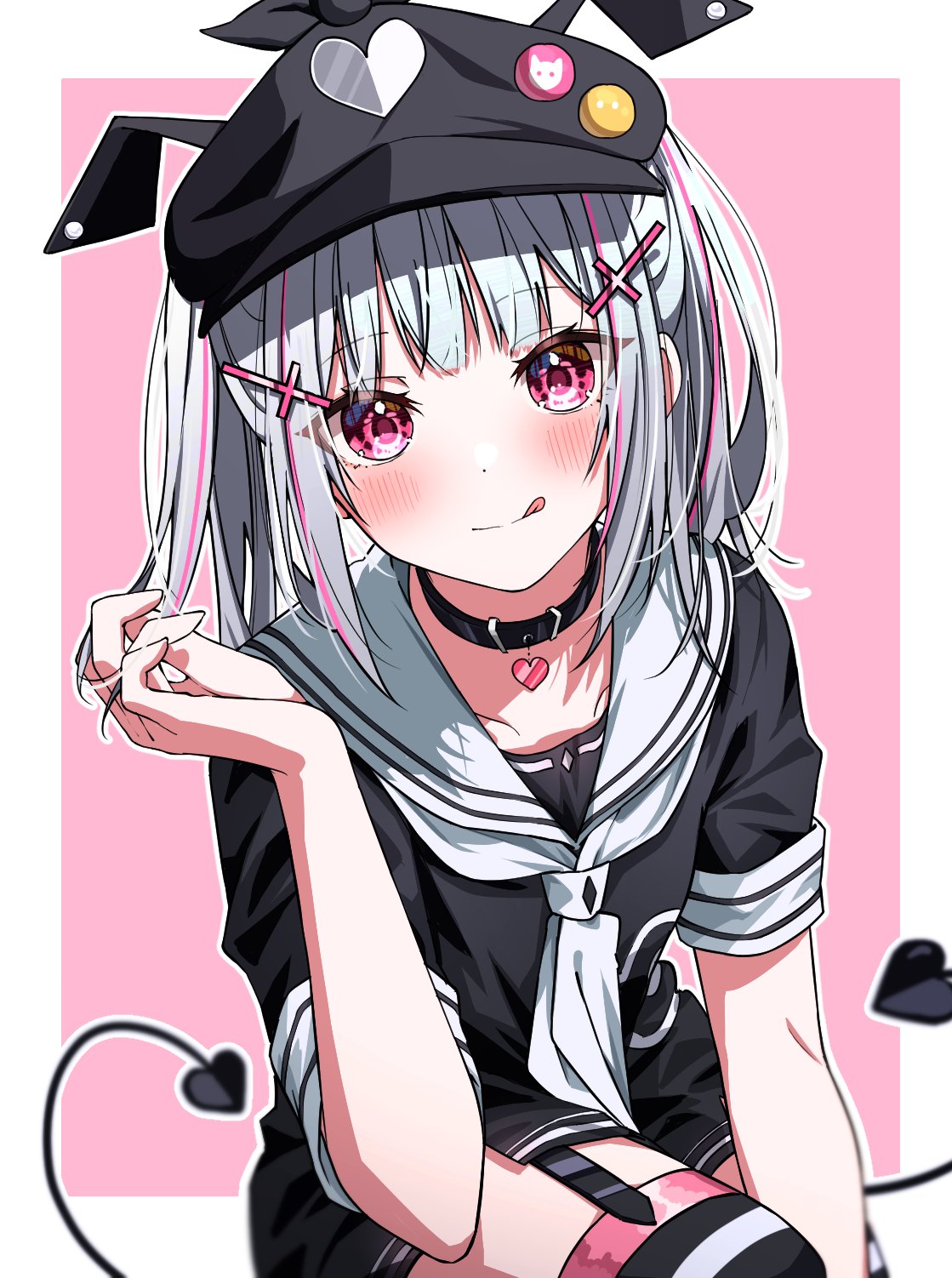 1girl, amopui, asumi_sena, bangs, black_headwear, black_legwear, black_serafuku, blush