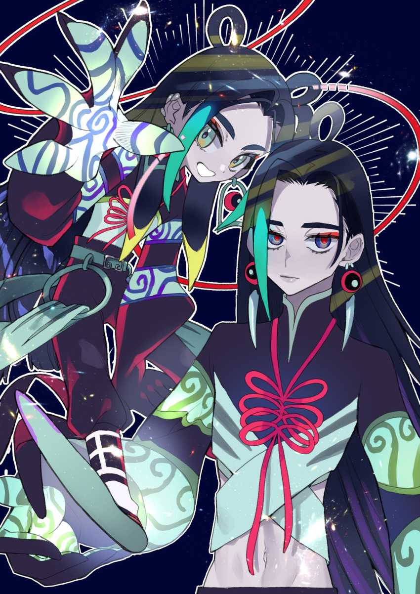 2boys, black_hair, black_pants, blonde_hair, blue_eyes, blue_hair, child, chinese_clothes