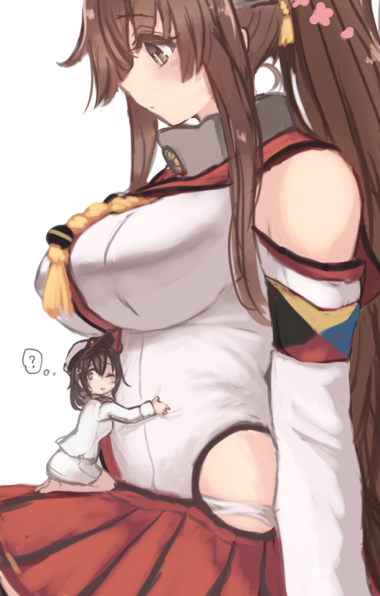 2girls, black_hair, bloated, breasts, brown_eyes, brown_hair, collar, detached_sleeves