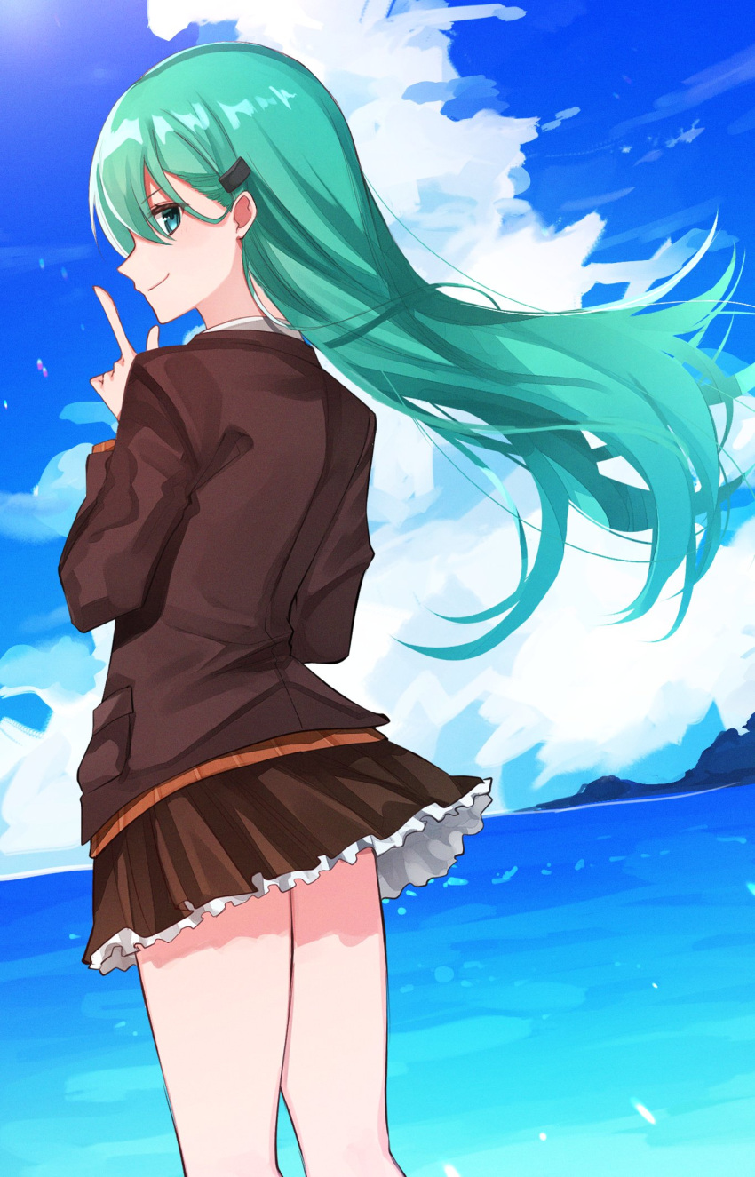 1girl, aqua_eyes, aqua_hair, blazer, blue_sky, brown_jacket, brown_skirt, cardigan