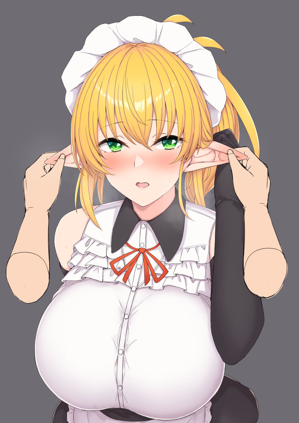 1girl, black_gloves, blonde_hair, blush, breasts, ear_fondling, elbow_gloves, elf