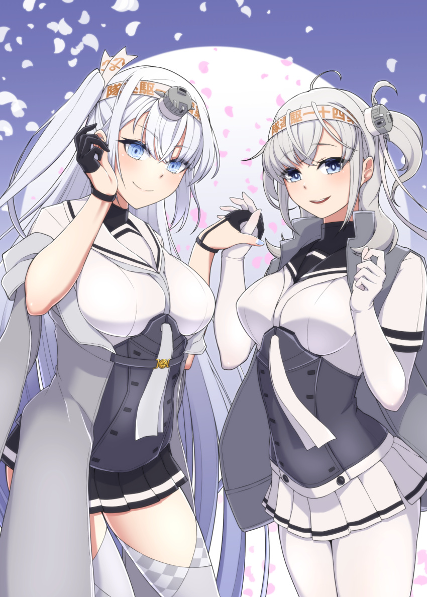 2girls, black_gloves, black_skirt, blue_eyes, bodysuit, breasts, clothes_writing, full_moon