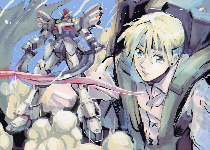 1boy, blonde_hair, blue_eyes, commentary, dual_wielding, dust_cloud, gundam, gundam_sandrock_custom