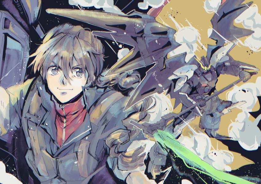 1boy, bangs, beam_scythe, black_jacket, brown_hair, commentary, duo_maxwell, dust_cloud