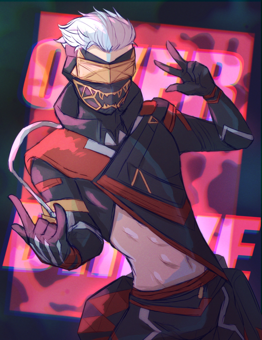 1boy, \m/, abs, apex_legends, black_gloves, black_jacket, black_shorts, exia_(miqote3535), gloves, grey_hair, jacket, looking_at_viewer, male_focus, mask, mouth_mask, navel, octane_(apex_legends), official_alternate_costume, overdrive_octane, shorts, solo, v, visor