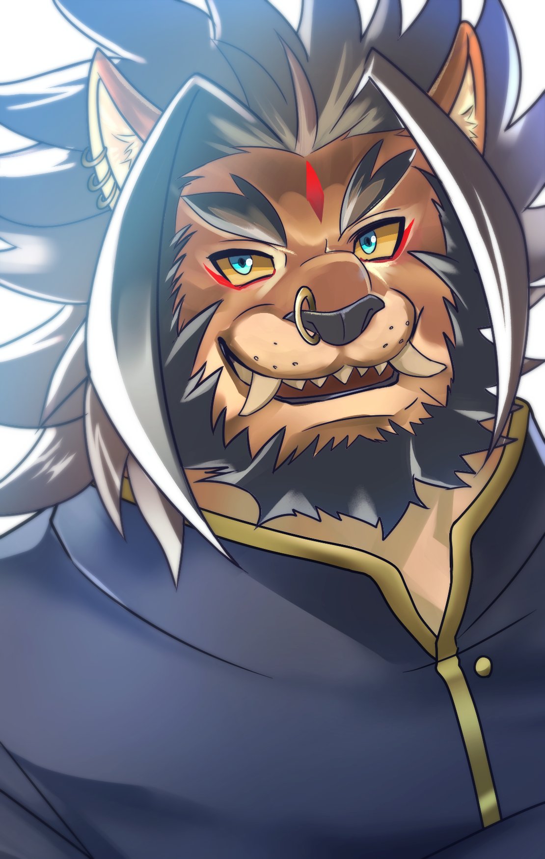 1boy, animal_ears, barong_(housamo), colored_sclera, commentary_request, ear_piercing, facial_mark, fangs