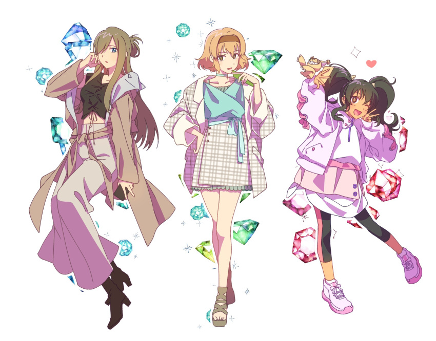 3girls, anise_tatlin, black_hair, blonde_hair, blue_eyes, boots, brown_hair, casual