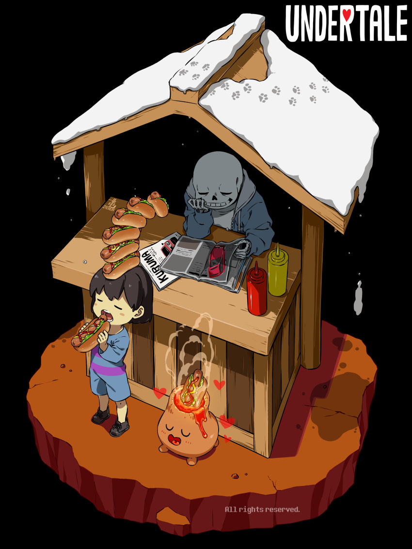 1boy, 1other, absurdres, child, closed_eyes, copyright_name, food, frisk_(undertale)