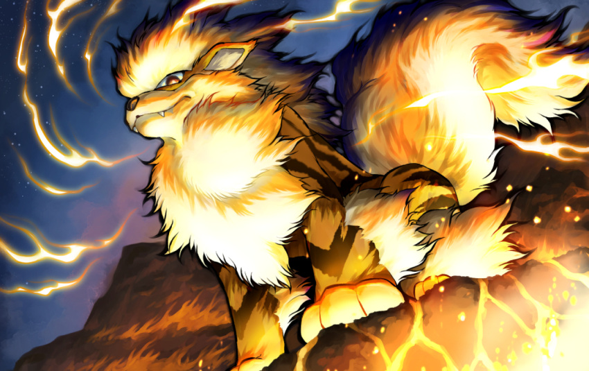 arcanine, bright_pupils, closed_mouth, commentary_request, fangs, fangs_out, fire, fluffy
