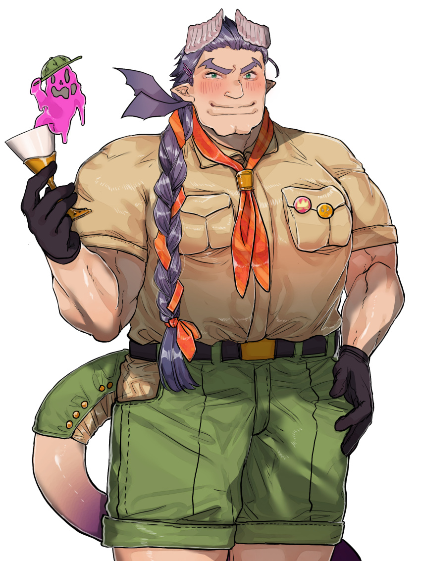 1boy, badge, bat_wings, blush, braid, breast_pocket, brown_shirt, closed_mouth, cocktail_glass, collared_shirt, commentary, commentary_request, cowboy_shot, cup, demon_boy, demon_horns, demon_tail, drinking_glass, green_eyes, green_shorts, hair_ornament, hairpin, hat, highres, horns, liquid, long_hair, lostdog121, lucifuge_(housamo), male_focus, muscular, muscular_male, neckerchief, partial_commentary, pocket, pointy_ears, purple_hair, purple_liquid, scout_uniform, shirt, shorts, smile, solo, tail, thick_eyebrows, tokyo_afterschool_summoners, white_background, wings