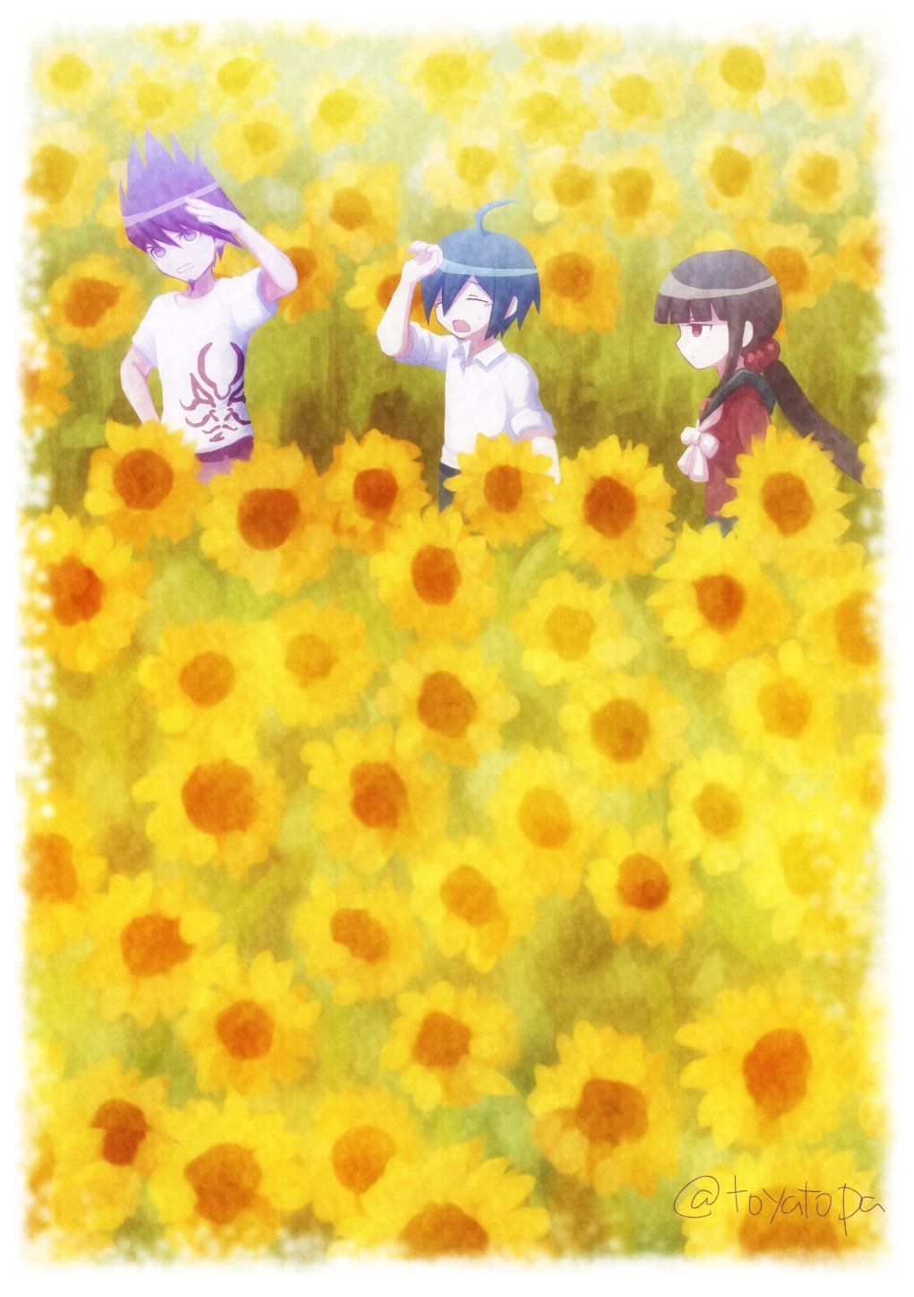 1girl, 2boys, ahoge, artist_name, bangs, black_sailor_collar, border, bow