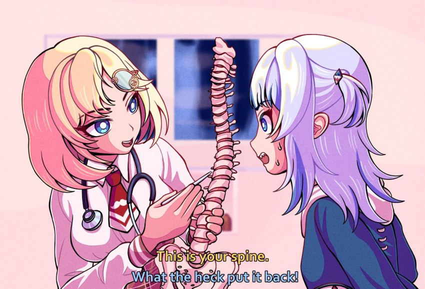 2girls, blonde_hair, blue_hair, blue_hoodie, breasts, collared_shirt, english_text, gawr_gura